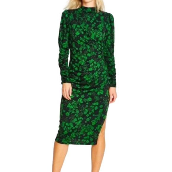 Who What Wear Dresses & Skirts - Who What Wear XS Sexy Green & Black Floral Long Sleeve Bodycon Dress high slit
